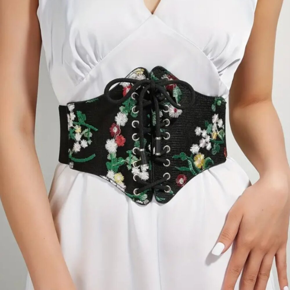 Women's Black Floral Asian Chinese Wide Stretch Corset Lace Up Tie Belt